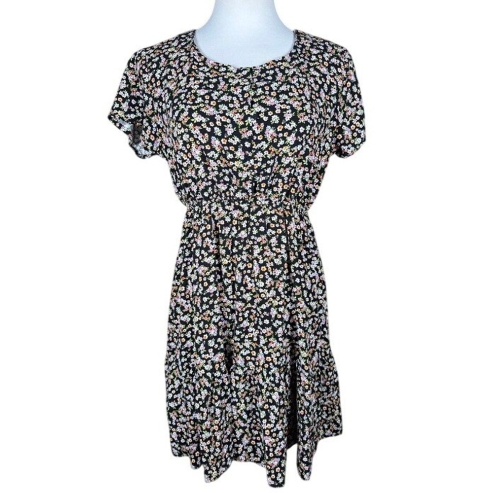 Passport Womens XL Black Ditsy Floral Short Sleeve Tiered Mini Dress Rayon